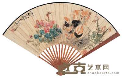 金梦石 童大年 1929年作 猫蝶同春 隶书 成扇 
